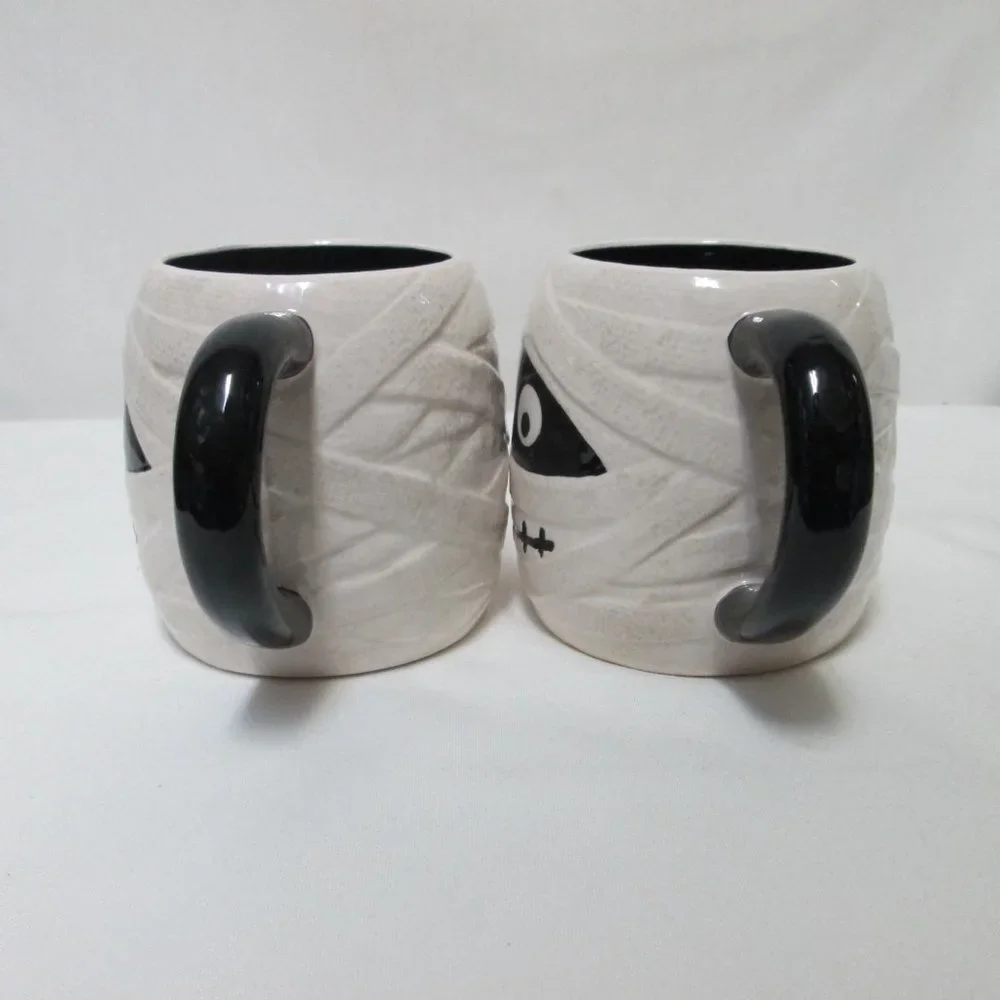 Pier 1 One Ghost Mug Cup Hand Painted Dolomite Halloween Spooky Set 2 dish safe